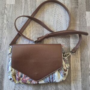 COLAB Crossbody Bag Boho Tapestry Floral Pattern Brown Faux Leather Flap